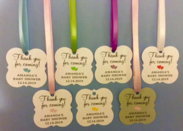 30-100 Thank You Baby Shower Favor Tags Personalized Name & Date Ribbon Included