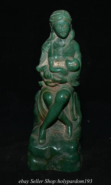 7.6" Old Chinese Green Jade Carved Mother and son Breast milk Statue Sculpture