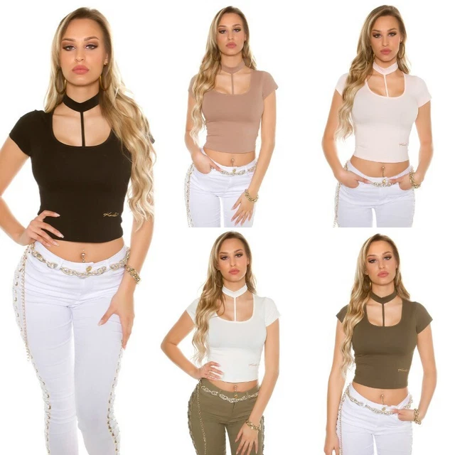 Maglia da donna maglietta top t shirt aderente scollo tondo nero crop corta