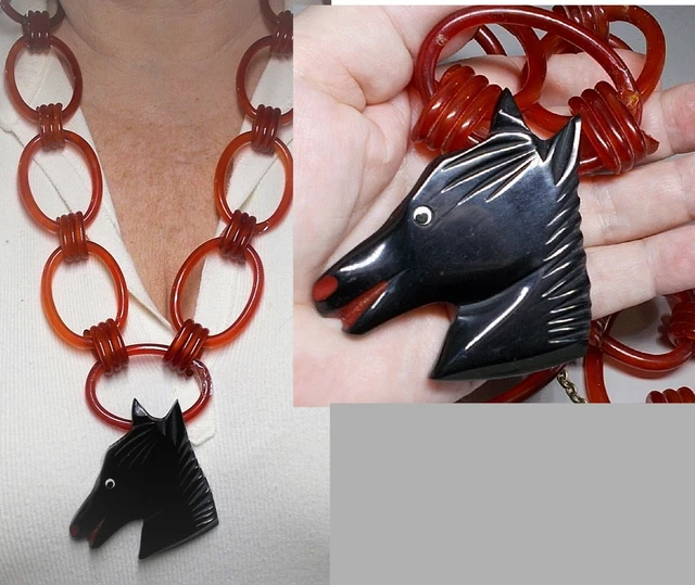 Vintage Large Bakelite HORSE Black w/ Red Mouth, Nose Tested Horse Show Necklace