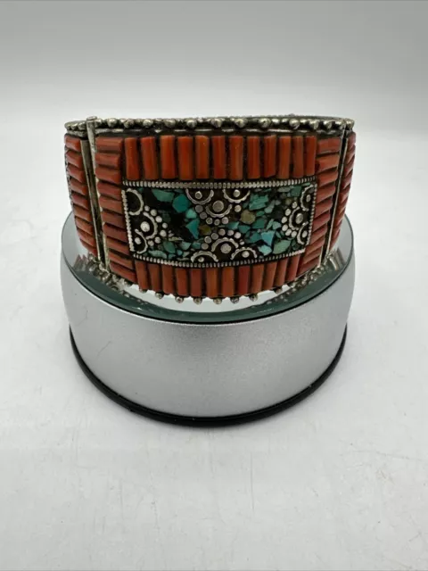 Unique Vintage Tibetan Nepalese Cuff With Turquoise And Coral Stones 120 grams