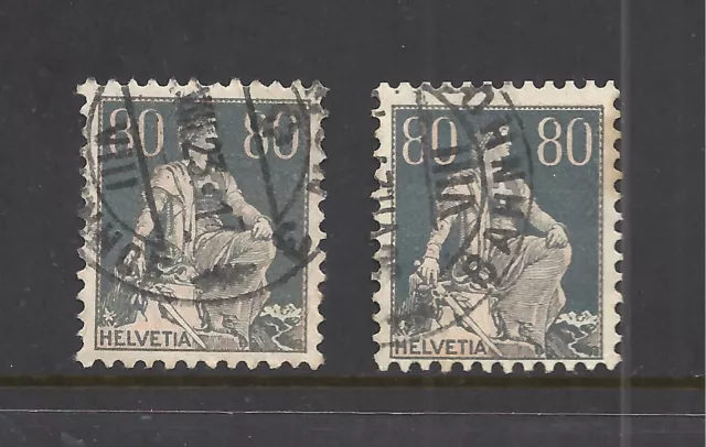 SWITZERLAND SCOTT 183 USED x 2 - 1915 80c SLATE & BUFF ISSUE - HELVETIA