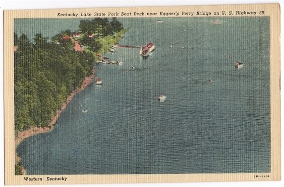 Kentucky Lake Boat Dock near Eggners Ferry Bridge Vintage Postcard Ky Linen