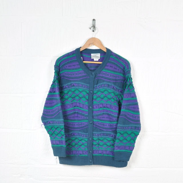 Vintage Coogi Style Knitted Cardigan Retro Pattern Purple/Green Ladies Small