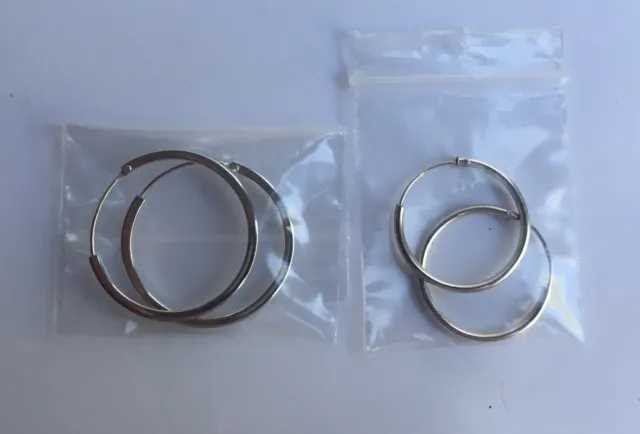 2 x 925 Sterling Silver Continuous Hoop Closure Earrings 1 x 2.5cm 1 x 3cm  