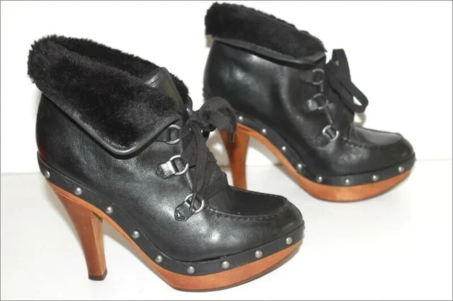GUESS  Boots Fourrées à Talons Cuir Clouté Noir Lacets T 39 TBE