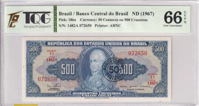 1967  Brazil  50 Cruzeiros  Pick#186a 66 EPQ Gem UNC