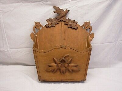 Vtg Wood Carved Magazine Rack Holder Wall Pocket Leaf Bird Decorative Hand DIY 