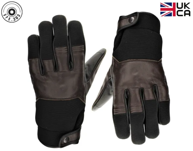 Motorcycle Gloves Brown Mens Adult Textile Leather Knuckle Retro Biker CE Gloves