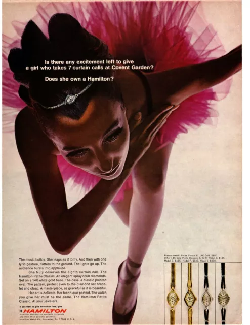 1967 Hamilton Petite Classic 60 Diamonds 14K Gold Watch Tiny Ballerina Print Ad
