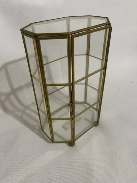 Brass & Glass Mini Curio Cabinet  Jewelry Trinket 3 Panel Display Vintage