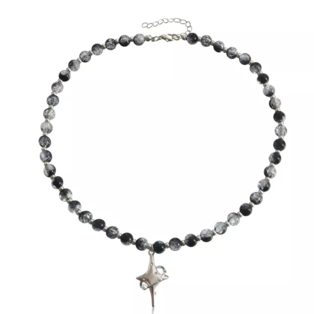 Black and White Beaded Crossed Star Pendant Necklace Female Cold Trend Jewelry
