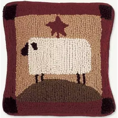 New Primitive Folk Art STAR SHEEP HOOKED PILLOW Accent 14"x14"