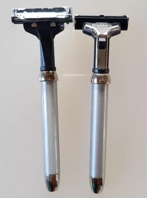 Nassrasierer mit Alu/Chrom Griff Metall Taste zum lösen des Klingenblocks