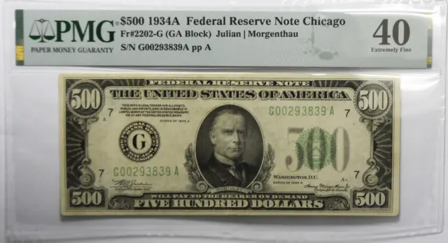 1934 A $500 Federal Reserve Note G00293839A Fr#2202-G PMG 40