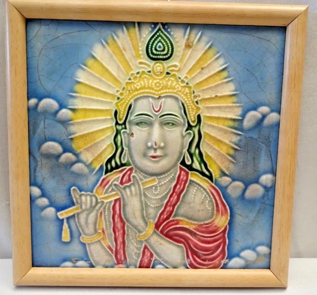 Antique Tile Majolica Japan Saji Art Nouveau Lord Krishna Ceramic Architectu#392 2