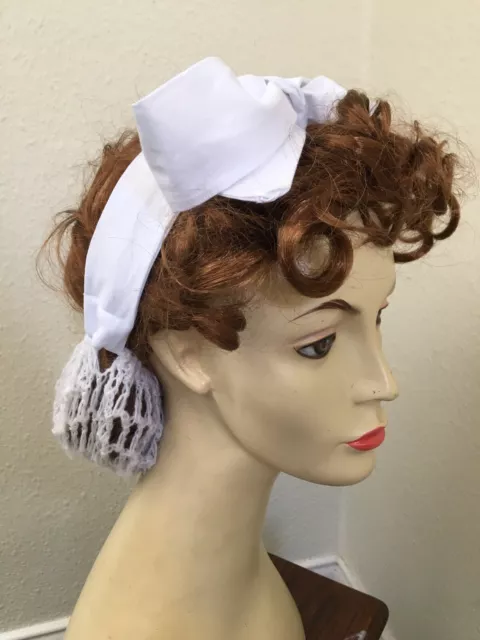 VINTAGE STYLE 1940's HAND CROCHET Hair Snood With Tie White Red Black