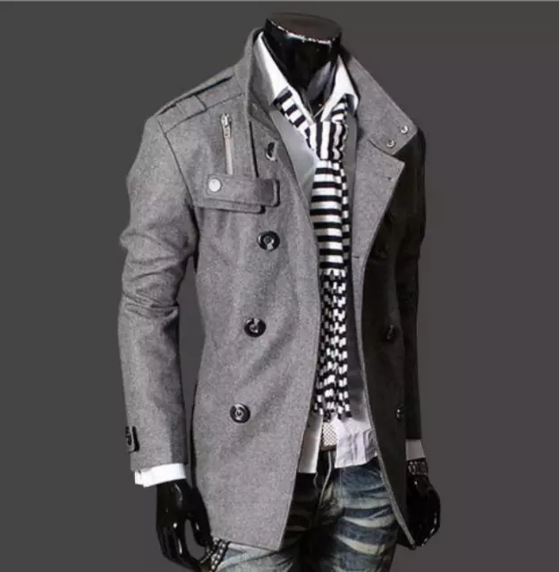 British Mens Double Breasted Trench Coat Stand Collar Jacket Outwear Slim Fit