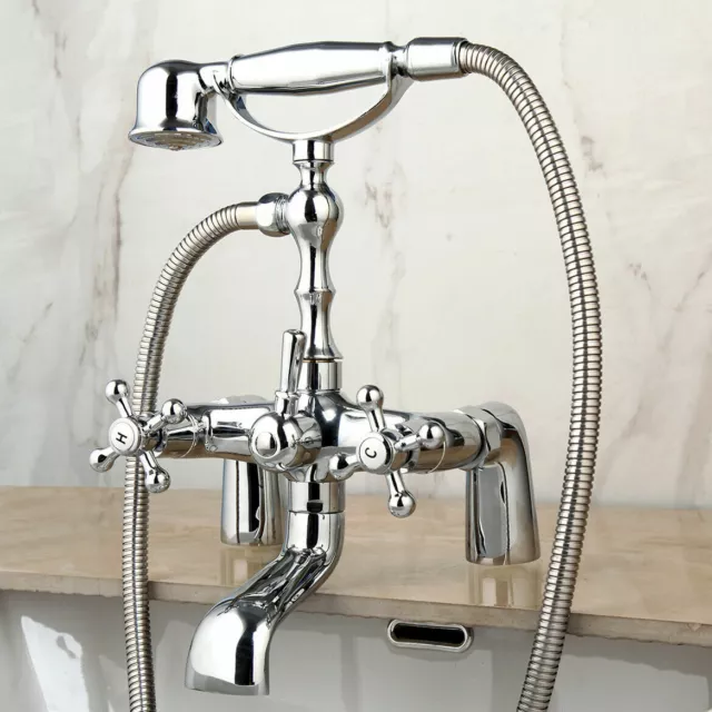2 Handles Chrome Bathroom Deck Mount Basin Tub Tap Hand Held Shower Mixer Faucet