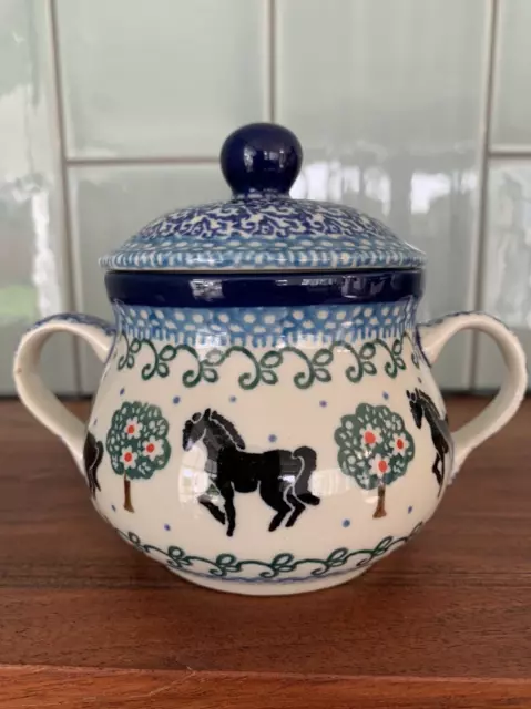 New Polish Pottery Horse and Apple Tree Sugar Bowl Boleslawiec (50% to Charity)
