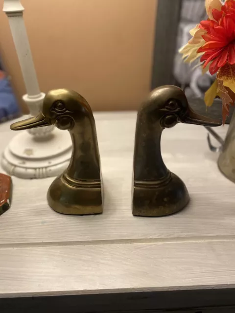 Vintage Solid Brass Duck Mallard Geese Bookends 6.5" Retro Paperweight Set