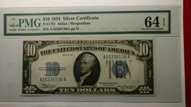 FR-1701 1934 $10 Silver Certificate PMG 64 EPQ Choice Unc ERROR on UPPER SERIAL