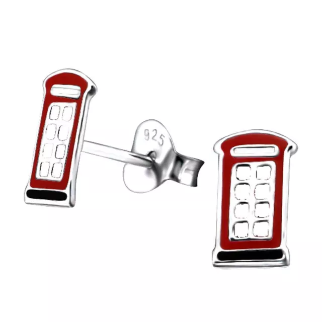 British Sterling Silver Red Telephone Box Stud Earrings - Boxed UK London