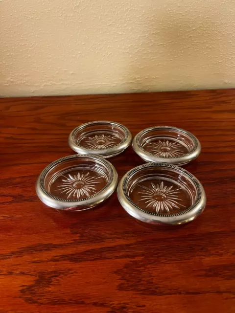 Vintage Leonard Silver Plated Starburst Glass Coaster Set Made in Italy Set of 4