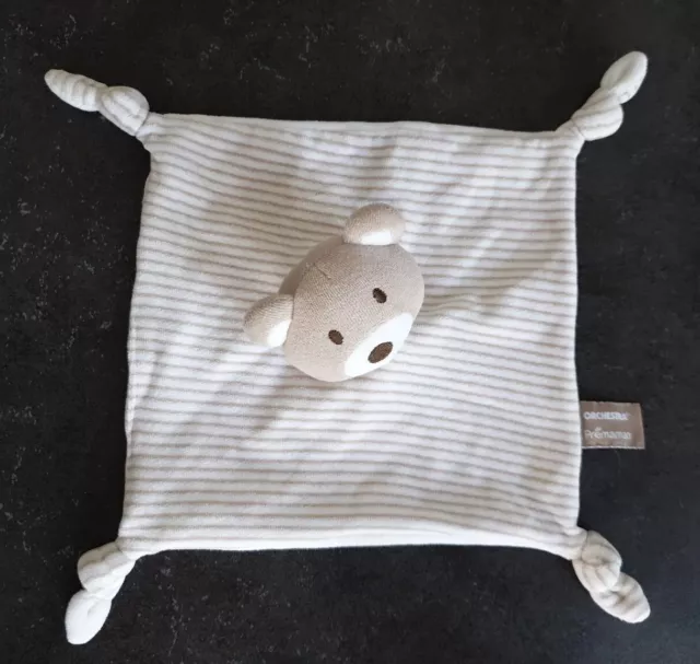 Doudou Plat Carré  Orchestra Premaman Ours Blanc Beige Gris Rayé 23/23Cm