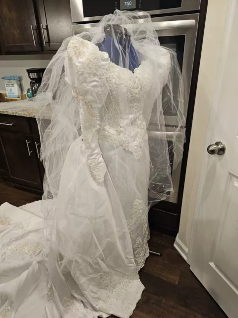 Vintage Victorian Moonlight Beaded Sequin Pearl Wedding Dress &train 10
