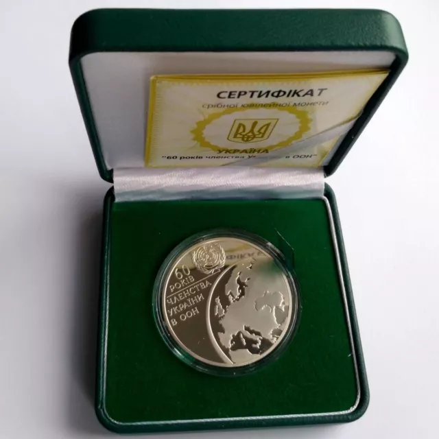 60 Years Ukraine in United Nations, 2005 Silver Proof 1 Oz 10 UAH Coin KM# 370