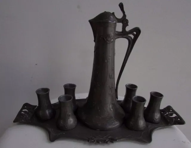 Art Nouveau Pewter Drinks Set Jug Cups Tray Liberty Style Embossed Floral Deco