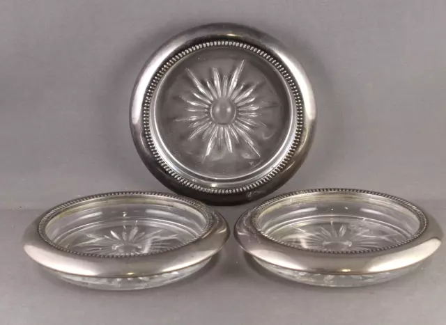 Three (3) Leonard Crystal Silver Plated 4" Coaster/Ashtray's