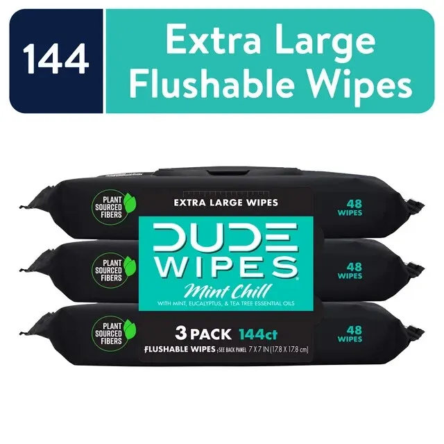 DUDE Wipes Flushable Wipes, XL Wet Wipes for At Home Use ,wet 3 Pack, 48 Count,