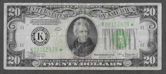 FR 2054-K* STAR $20 Dallas Series of 1934 Dark Blue-Green Seal Mule FRN