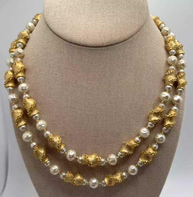 Vintage Trifari Faux Pearl Textured Gold Tone Bead Double Strand Necklace