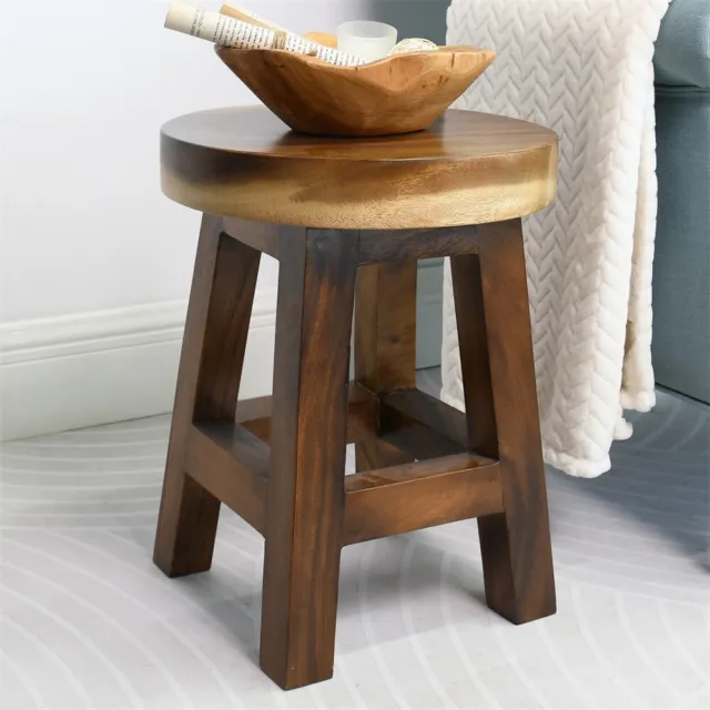 Greenage Small Rustic Solid Wooden Stool Round Side Table Bedside Table 18" H