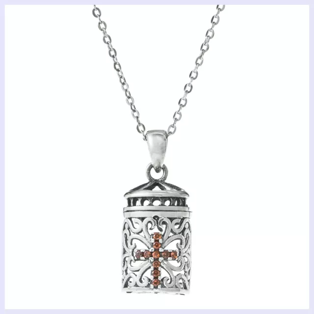 Sterling Silver Locket Box w/ Red CZ Cross Pendant on 16"+2" Rolo Chain Necklace