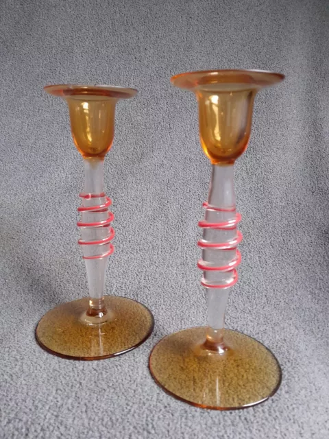 Vintage Pair MCM Atomic Style Hand Blown Amber Pink Twisted Glass Candleholders