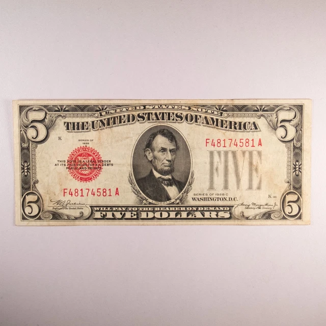 1928 C $5 Red Seal US Note, VF Condition, No Tears,  Some Soiling Fr. 1528 #187