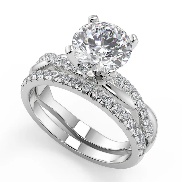 1.5 Ct Round Cut Petite twist Pave Diamond Engagement Ring VS2 H Treated