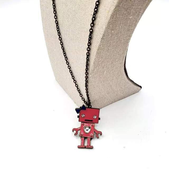 Vintage Pink Enamel Alien Robot Pendant Necklace Tiny Hot Charm Rolo Chain 28 in 3