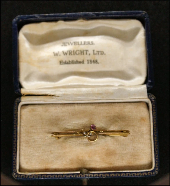 antique 9ct gold brooch with seed pearls & tourmaline, boxed antique 9ct gold brooch with seed pearls & tourmaline, boxed