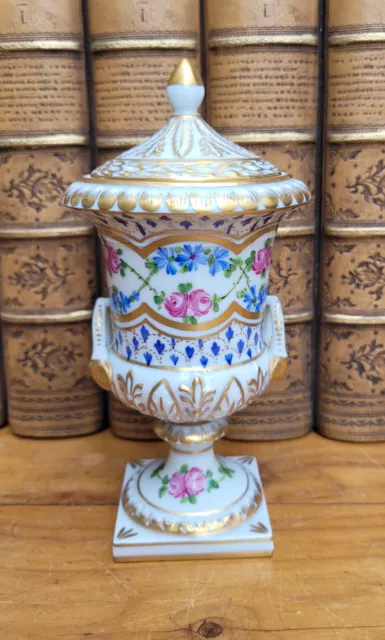 Vintage Dresden Porcelain Handled Covered Urn, Pedestal Hand Painted Roses