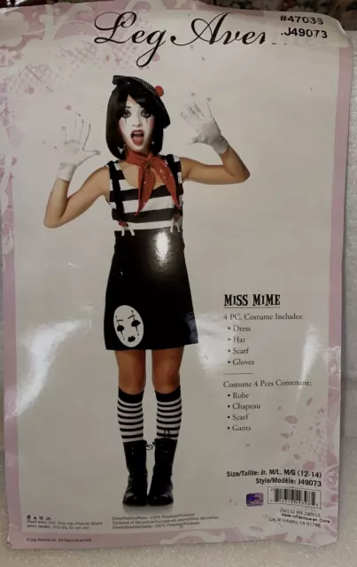 MIME HALLOWEEN COSTUME Jr.s Sz. Med 12-14 Black & White MISS MIME by ...