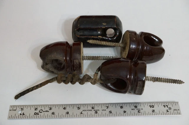 LOT x 4 VINTAGE Porcelain Ceramic  Insulators BROWN 3 Screw In 1 in-line