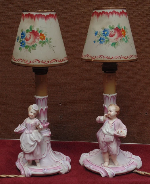 rare magnifique ancienne paire de lampe personnage porcelaine saxe Meissen signé