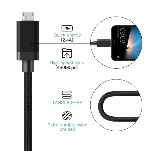 Câble téléphonique chargeur micro USB tressé robuste charge fil synchronisation de données 1M 2M 3M 3