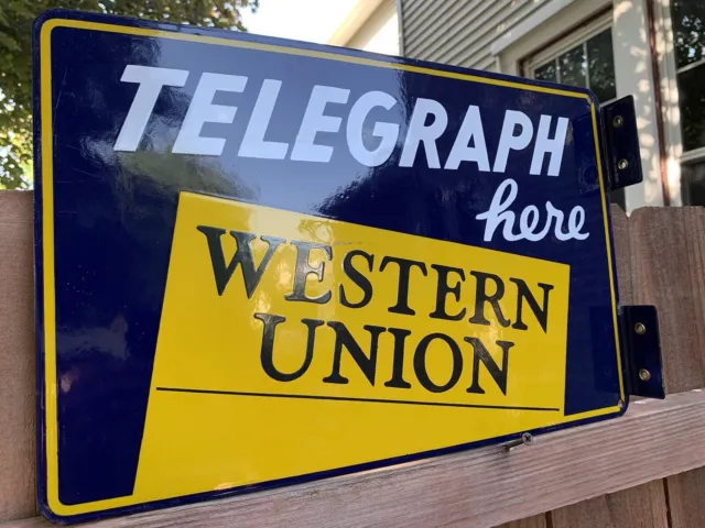 Orig Western Union Telegraph Dbl-Sided Porcelain Sign Exc 17X11”