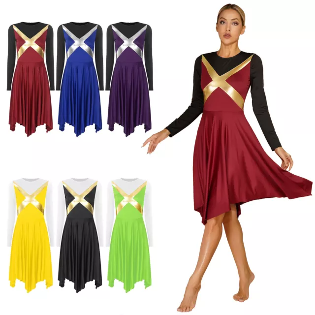 Damen Patchwork Tanzkleid unregelmäßiger Saum Tanzbekleidung langärmelige Kleider 2